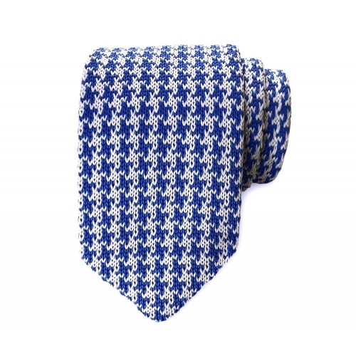 Royal Blue & White Houndstooth Knitted Pointed Tie
