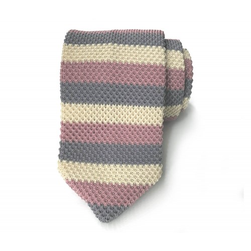 Grey, Pink & Beige Striped Knit Pointed Tie