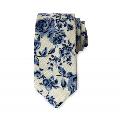 Blue & White Floral Linen-Cotton Blend Tie