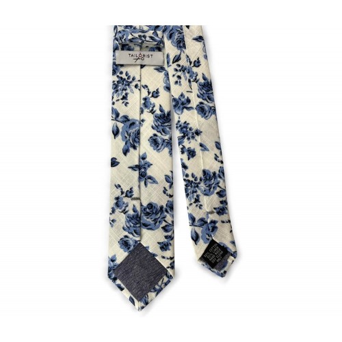 Blue & White Floral Linen-Cotton Blend Tie