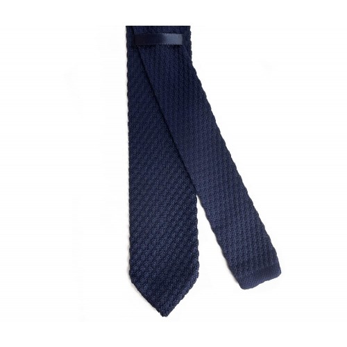 Navy Knit Pointed Tie with Enlarged Stitch Pattern