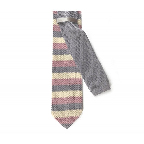 Grey, Pink & Beige Striped Knit Pointed Tie